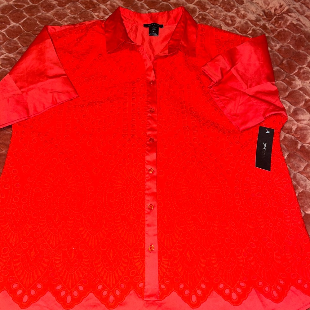 Love Ryan Bright Red Eyelet Button-Front Blouse